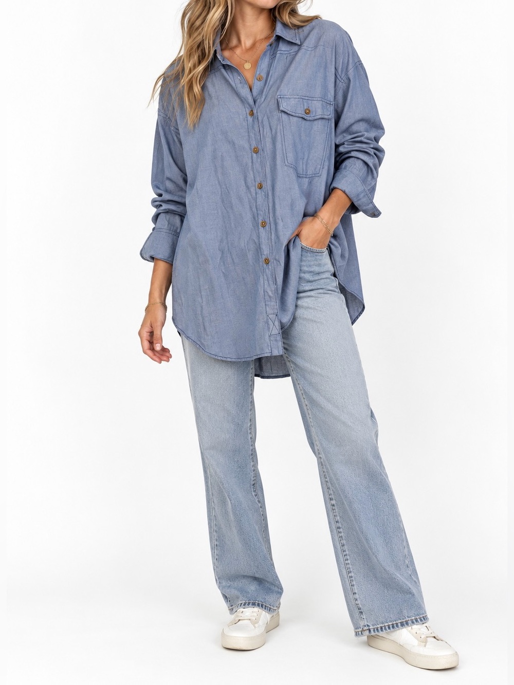 We The Free Light Blue Oversized Cotton Button-Down Shirt - Size L NWT